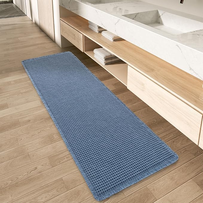 AMOAMI Upgraded Waffle Runner Rug Super Absorbent Non Slip Bath Mats for Bathroom Machine Washable Bathroom Runner Rug with Tassels, Ideal for Hallway Bedroom Laundry Room, 2'x 6'(24" x 72"), Blue