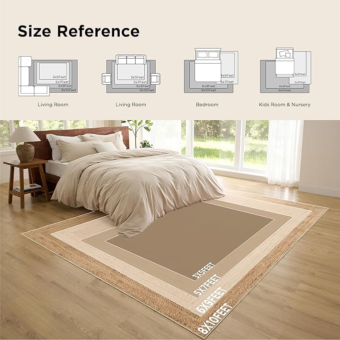 Bedsure 8x10 Printed Jute Rug for Living Room, Machine Washable Rugs, Jute-Look Rug, Non-Slip Backing, Non-Shedding
