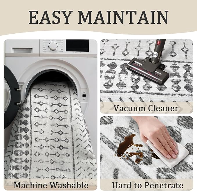 6x9 Machine Washable Area Rug for Living Room, Grey White Vintage Moroccan Rug Large Non-Slip Low Pile Soft Faux Wool Carpet, Kids and Pets Friendly for Bedroom Dining Room Farmhouse Home Decor Rug