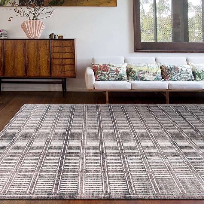 Rugshop Bohemian Stripe Lines Washable Non Slip Area Rug 5' x 7' Brown