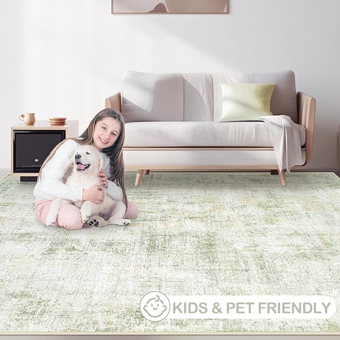 Area Rugs 5x7 Living Room: Washable Rug Modern Abstract Rugs Soft Non Slip Neutral Rug Stain Resistant Indoor Carpet for Bedroom Kitchen Dining Room Nursery Home Office Rugs(Green Brown,5'x7')