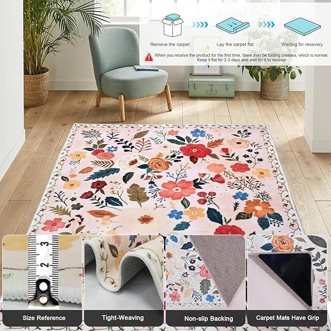 Floral Rug Door Mat Indoor Entrance 2x3 Rug Washable Small Area Rug Non-Slip Low-Pile Floor Carpet for Indoor Entryway Front Entrance Kids Room（Pink）
