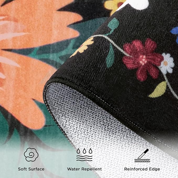 Rug Runners 2x6, Floral Washable Kitchen Rugs for Hallways Area Rugs, Non Slip Long Rug Low Pile Entrance Doormat, Flower Carpet for Kitchen, Entryway Indoor, Bedroom, Bathroom, Laundry, Black