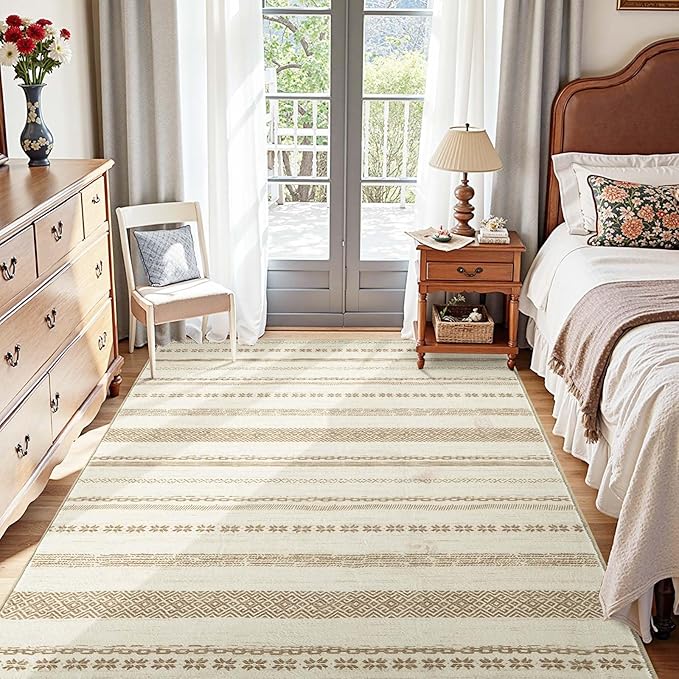 jinchan Moroccan Boho 5x7 Area Rugs for Bedroom - Machine Washable Soft Throw Rug Bohemian Ripple Design Non-Slip Neutral Carpet for Living Room Kitchen Dining Room Home Office (5‘x7', Beige)