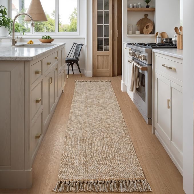 Collive Long Hallway Runner Rug 2x8, Boho Washable Runners Indoor Entryway Rugs Tan Cotton Woven Kitchen Runner Carpet, Farmhouse Low Profile Front Door Mats for Bedside Laundry Room Doorway