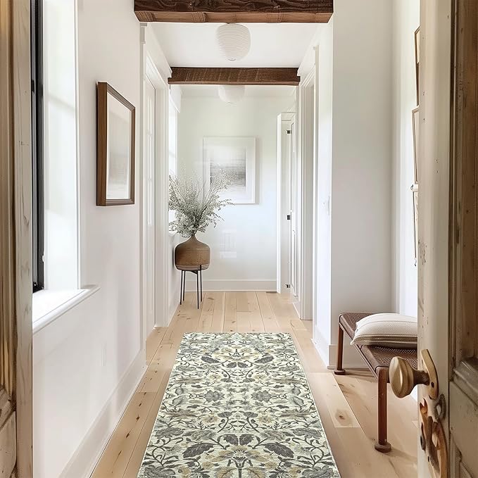 EVERGRACE Hallyway Area Runner Rugs 2x6, Boho Floral Faux Wool Indoor Outdoor Rugs, Washable Rugs for Bedroom Bathroom Living Room Kitchen, Low Pile Floor Mat Carpet for Home Decor, Gray