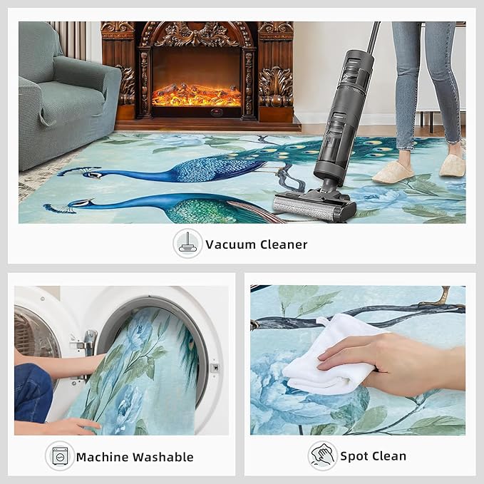 Peacock Rugs for Living Room - 4x5 Rug, Classic Peacock Floral Area Rugs for Bedroom, Teal Turquoise Rug, Modern Style Washable Carpet, Aesthetics Carpet - Peafowl Home Decor & Gifts