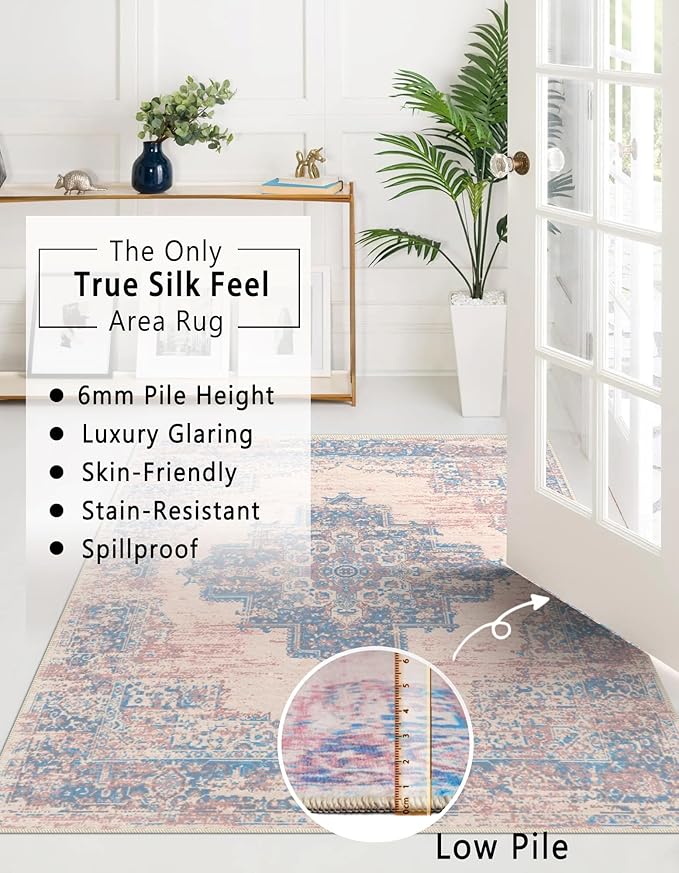 vivorug 3x5 Rug, Small Area Rug for Living Room, Bedroom, Kitchen, Machine Washable Non-Slip Throw Rug, Vintage Carpet for Entryway Nursery Coffee Table - Durable (Pink)