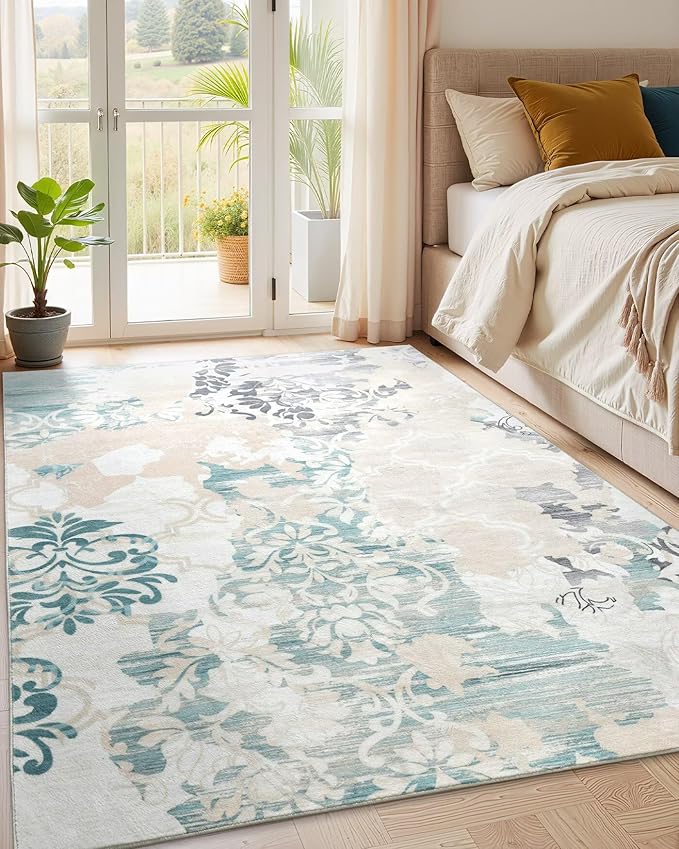 Washable Abstract Rug, 6x9 Ivory and Aqua Floral Area Rugs with Non-Slip Rubber Backed for Living Room, Low Pile Modern Throw Carpet Bedroom Dining Room Decor