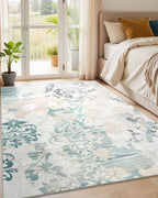 Washable Abstract Rug, 6x9 Ivory and Aqua Floral Area Rugs with Non-Slip Rubber Backed for Living Room, Low Pile Modern Throw Carpet Bedroom Dining Room Decor