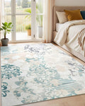 Washable Abstract Rug, 4x6 Ivory and Aqua Floral Area Rugs with Non-Slip Rubber Backed for Bedroom, Low Pile Modern Throw Carpet Kitchen Living Room Decor