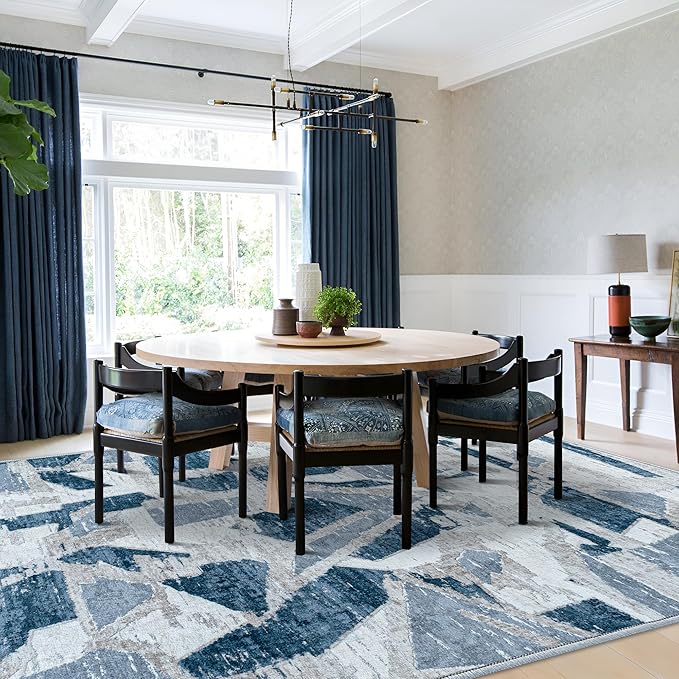 Blue 6X9 Area Rugs for Living Room Bedroom,Modern Abstract Large Carpet Washable Rugs 6X9 for Dining Room Office,Non Slip Print Faux Wool Thin 6 by 9 Indoor Nursery Kids Home Pet & Child Friendly