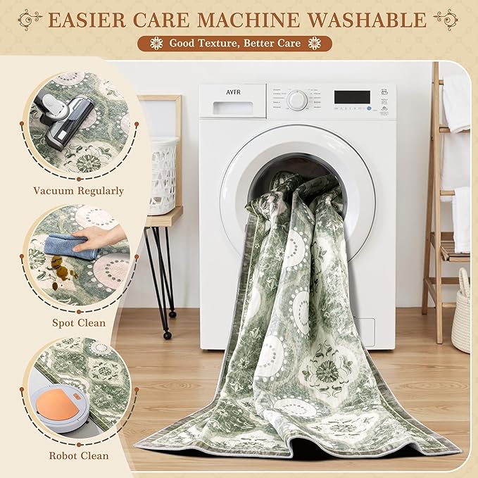 EnHomee 8x10 Area Rug, Soft Washable Rugs for Living Room Bedroom, Boho Non Slip Low Pile Stain Resistant Washable Rug Large Area Rugs for Dining Room,Easy to Clean Living Room Rug, Green