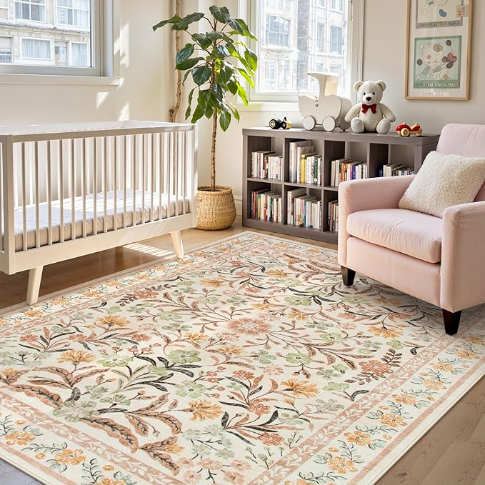Lahome Fall Floral Washable Area Rugs 8x10, Boho Living Room Large Rugs Non-Slip for Bedroom, Soft Rubber Backed Burnt Orange Carpet for Dining Playroom Decor, Ochre Fall