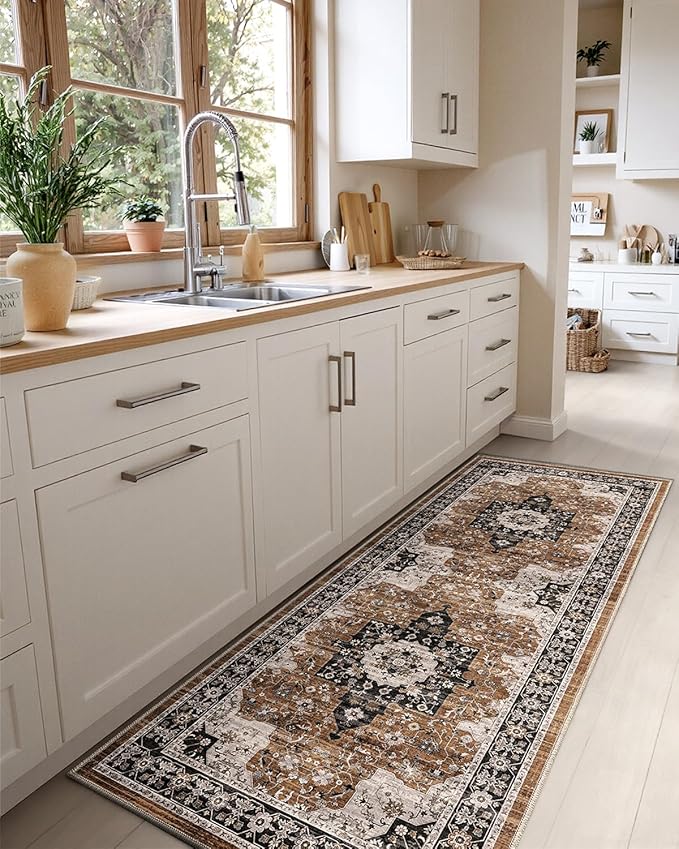 DEXI Hallway Runner Rug 3x7, Distressed Non Slip Runners Carpet, Boho Vintage Soft Thin Indoor Rug, Stain Resistant Washable Entry Mat for Entryway Kitchen Laundry Room Living Room, Brown