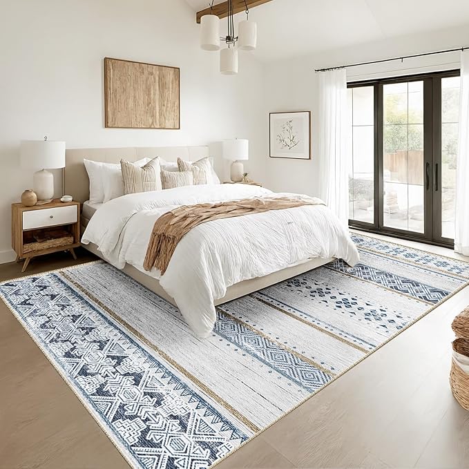 BESTSWEETIE 8x10 Area Rugs for Living Room Washable Moroccan Farmhouse Neutral Geometric Low Pile Non-Slip Soft Print Pattern Rug for Bedroom Kitchen Dining Room Entryway Blue/Brown