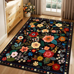 Floral 4x6 Area Rug Machine Washable Soft Print Boho Carpet Non Slip Doormat Low Pile Flower Area Rugs for Living Room Bedroom Nursery Kitchen Dining Room Indoor-Black