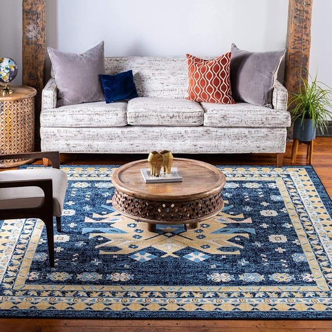Unique Loom Taftan Collection Border Geometric Tribal Inspired Design Area Rug (8' 0 x 8' 0 Square, Navy Blue/ Gold)