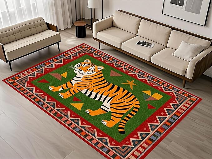 Colorful Tiger Pattern Area Rug, 4x6ft,Stylish Geometric Border Tiger Rug, Add Unique Charm To Your Home,Cute Animal Print Pattern Rugs Suitable for Children's Room Living Room Bedroom Farmhouse