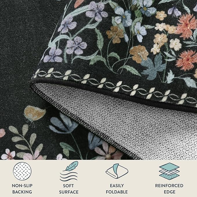 Lahome Boho Floral 2'6"x8 Black Washable Hallway Kitchen Runner Rug, Non Skid Bathroom Carpet Runner, Soft Non-Slip Rug Runners for Entryway Laundry Bedroom(2'6"x8ft,Black)