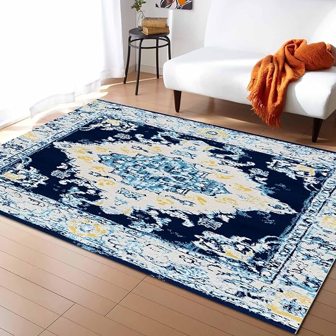 Bohemian Pattern Rectangular Area Rugs for Living Room Bedroom 5 x 8 ft Blue & Yellow Abstract Non-Shedding Soft Low Pile Rug Non Slip Washable Rug for Nursery Entryway Playroom