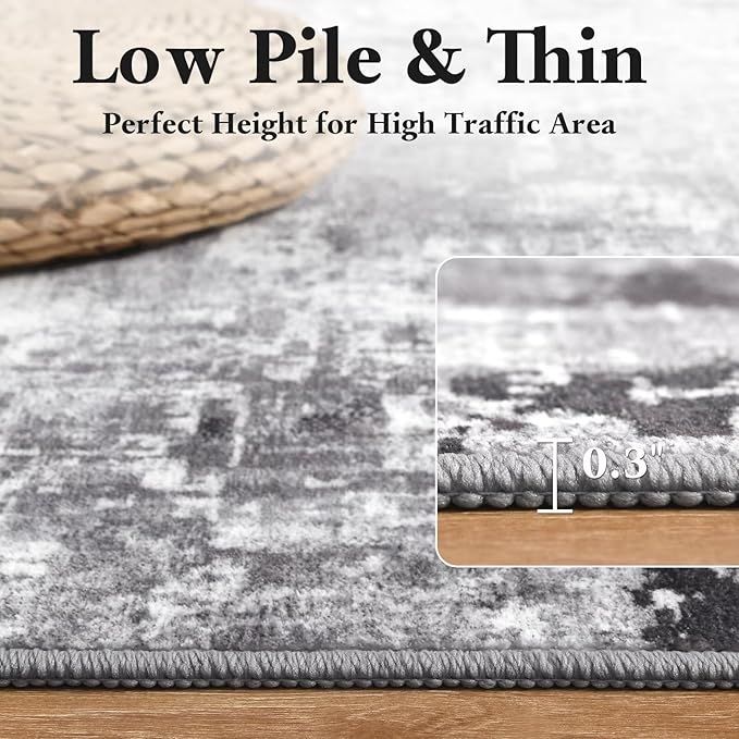 Washable Abstract Rug, 8x10 Modern Area Rugs with Non-Slip Rubber Backed for Living Room, Thin but Soft Contemporary Carpet Kitchen Bedroom Dining Room Decor, Dark Grey