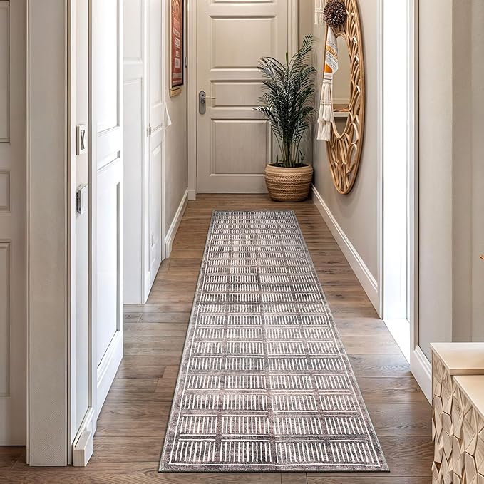 Rugshop Bohemian Stripe Lines Washable Non Slip Runner Rug 2' x 10' Brown