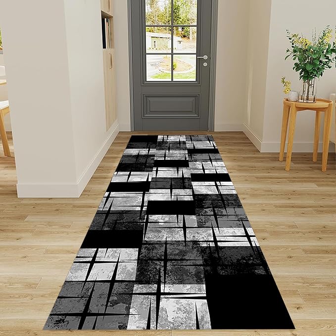 Distressed Checkered Runner Rugs, 2.6x7ft, Washable Runner Rug with Rubber Backing, Soft Vintage Geometric Black Grey Floor Carpet for Front Door Home Office