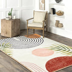 RoomTalks Mid Century Modern Washable Rug, Boho Cute Aesthetic 8x10 Area Rugs Large Carpet for Bedroom Dining Living Room Entryway Office, Contemporary Abstract Leaves Thin Pile Accent Indoor Rug