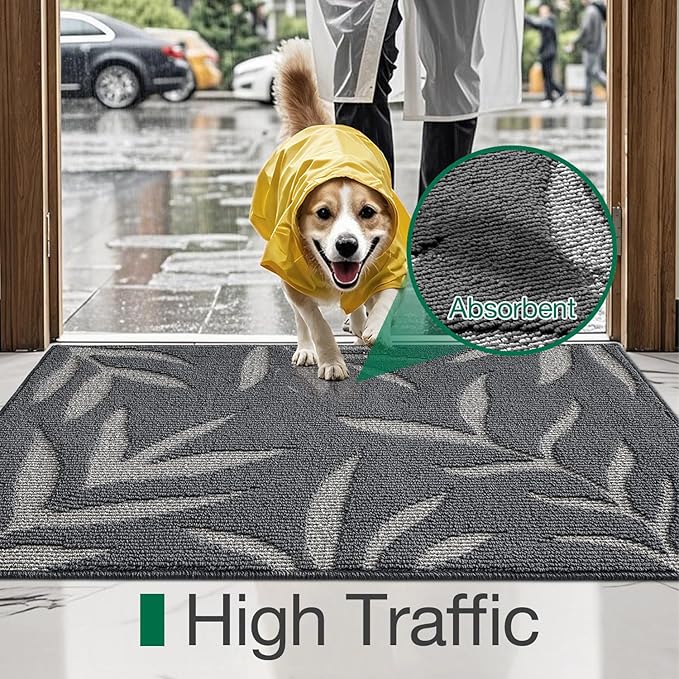 LUMI Indoor Door Mat 32x48, Washable Front Doormat with Welcome Leaf Pattern, Non-Slip Rubber Back Absorbent Mats for Entrance, Patio, Garage, Dark Grey