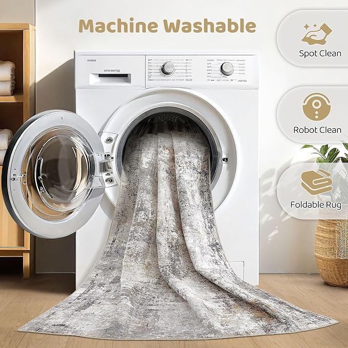 7x9 Area Rug Living Room: Washable Large Abstract Modern Soft Rugs Stain Resistant Indoor Floor Non Slip Accent Carpet for Bedroom Nursery Playroom Office Dining Room Dorm Home House- Gray Rust