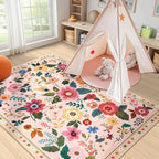 Floral 3x5 Area Rug Machine Washable Soft Print Boho Carpet Non Slip Doormat Low Pile Flower Area Rugs for Living Room Bedroom Nursery Kitchen Dining Room Indoor-Pink