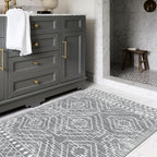 Wonnitar Moroccan Area Rugs 3x5, Gray Washable Entry Rug,Non-Slip Boho Small Bedroom Throw Mat, Non-Shedding Farmhouse Soft Low Pile Floor Carpet for Kitchen Bathroom Living Room (Silver Grey,3'x5')