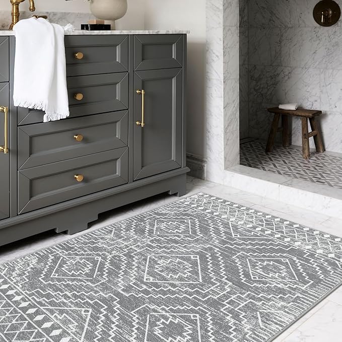 Wonnitar Moroccan Area Rugs 3x5, Gray Washable Entry Rug,Non-Slip Boho Small Bedroom Throw Mat, Non-Shedding Farmhouse Soft Low Pile Floor Carpet for Kitchen Bathroom Living Room (Silver Grey,3'x5')