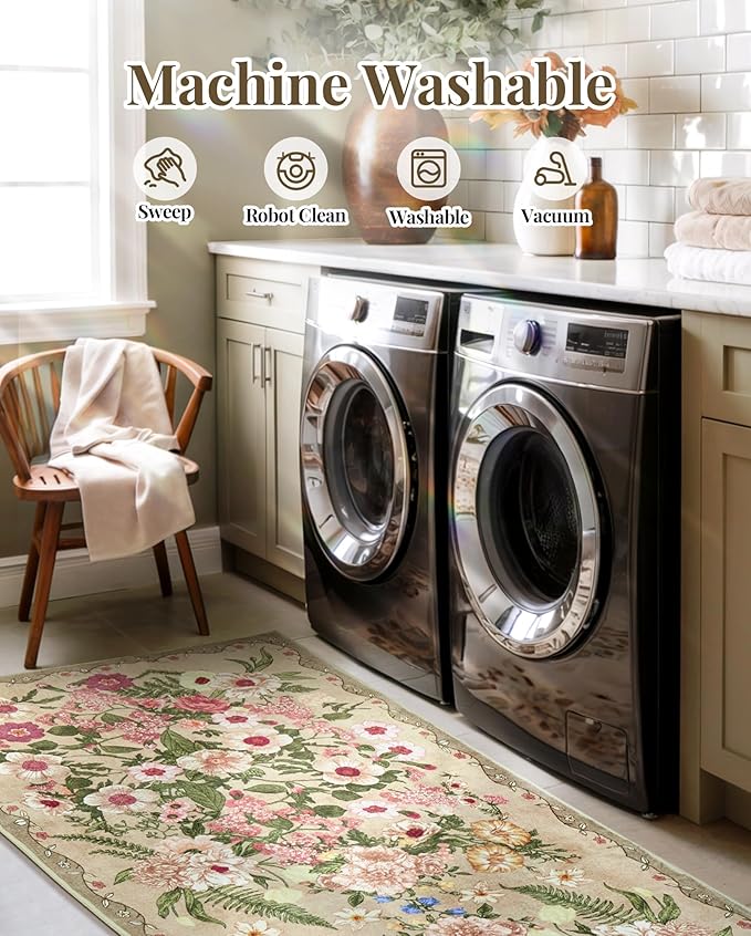 Floral Area Rug Living Room - 8x10 Washable Rugs Low Pile Non-Slip Soft Bedroom Rugs Under Bed Stain Resistant Accent Indoor Vintage Carpet for Dining Room Nursery Home Office Decor, Brown