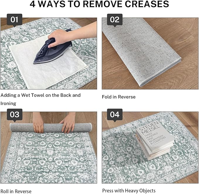 Vintage Entryway Rug 2x3 Washable, Sage Green White Kitchen Rug, Super Soft Thin Faux Wool Small Area Rug, Non-Slip Accent Mat for Foyer, Bedroom, Office