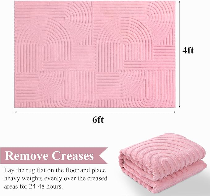 Pauwer 4x6 Washable Area Rugs for Living Room Modern Pink Solid Color Soft Fluffy Rugs for Bedroom Non Slip Boho Accent Indoor Mat Floor Carpet Cover for Kids Room Dining Room Kitchen Office, Pink