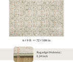 Washable Living Room Rug: 6x9 Boho Floral Soft Area Rug for Bedroom Decor - Vintage Low Pile Thin Carpet for Dining Room Non-Slip - Farmhouse Stain Resistant Rugs - Beige Green