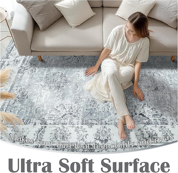 jinchan Fiora Runner Rug 2x5 Washable Hallway Runner- Vintage Floral Non Slip Low-Pile Soft Thin Kitchen Rug Distressed Carpet for Farmhouse Bedroom Entryway Laundry Room(2x5ft, Grey)