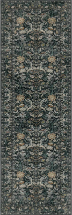 Washable Runner Rug 2x10: Vintage Boho Floral Carpet Runners for Hallway Entryway Non-Slip - Soft Botanical Low Pile Thin Mat for Kitchen Bathroom Bedroom Laundry Floor Decor - Dark Green