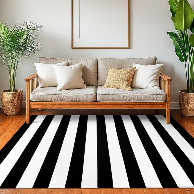 KOZYFLY Black and White Striped Area Rug 4x6 Ft Outdoor Rug Washable Indoor Outdoor Rug Hand Woven Cotton Door Mat Outdoor Entrance Mat for Front Door Kitchen Entryway Patio Front Porch Decor