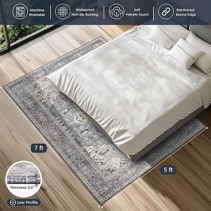 PURRUGS Vintage Farmhouse Boho Area Rug 5x7 ft, Non-Slip Machine Washable Rug, Accent Oriental Rug for Living Room, Dining Room, Bedroom, Entryway and Kitchen, Periwinkle Gray/Soft Ivory