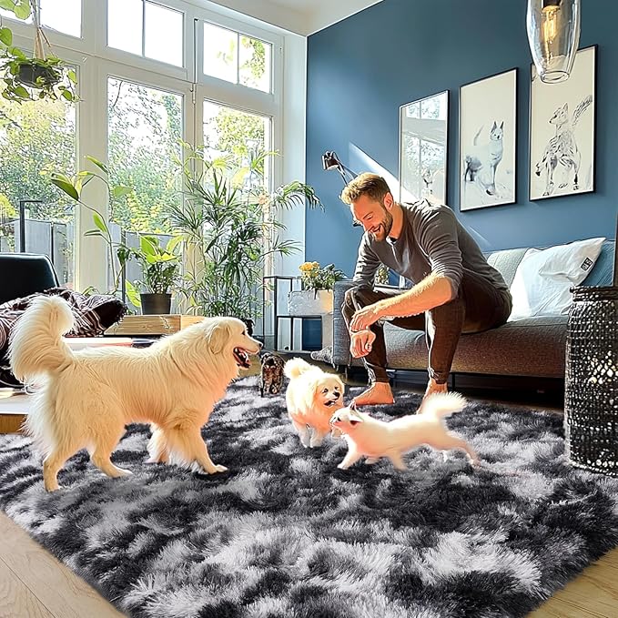 Plush Rug for Living Room Shaggy Area Rug High Pile Fuzzy Rug Non-Slip Indoor Floor Carpet Plush Area Rugs for Living Room Tie Dye Black White 5x7