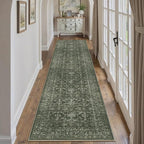 2x10 Hallway Washable Runner Rug Vintage Green Boho Extra Long Runners for Kitchen, Bathroom, Distressed Floral Floor Mat Non-Slip Farmhouse Carpet