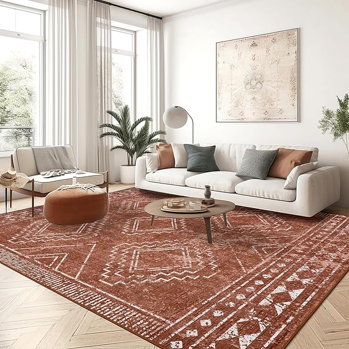 ILANGO Moroccan Area Rugs 8'x10' for Living Room Machine Washable Modern Rugs with Rubber Backing Non Slip Carpet for Dedroom Farmhouse Dining Room, Ultra-Thin, Foldable, Easy Clean
