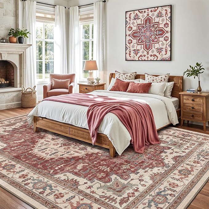 LUMI 5x8 Washable Area Rug for Living Room, Ultra Soft Traditional Vintage Red Rugs Non Slip with Rubber Backing, Low Profile, High Traffic, Stain Resistant Carpets, Ideal for Bedroom, Dining Room