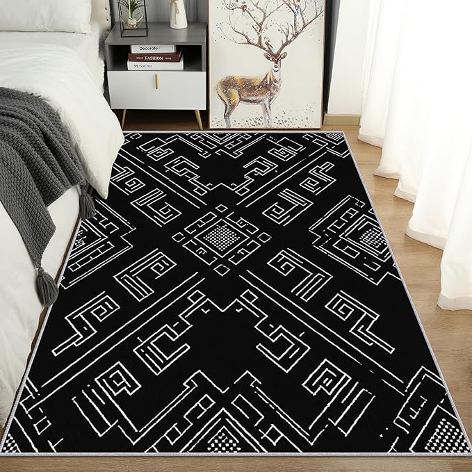 Geometric Rug, Washable 6x9 Rug for Living Room, Black and White Patterned Indoor Carpet, Modern Geometric Decor for Home, Bedroom, Soft Non Slip Thin Design FER21