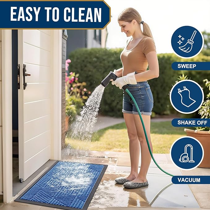 Kitinjoy Front Door Mat Outside Entrance, Sturdy Natural Dirt Trapper, Heavy Duty Rubber Doormat, Low Profile Non-Slip Backing, Easy Clean Floor Mat for Indoor Outdoor Entry, 35X23 Inch, Blue