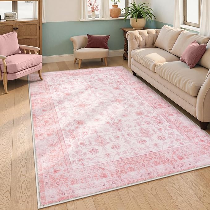 LIVEBOX Pink Area Rug 5x7, Vintage Living Room Rug Machine Washable Area Rugs, Pink Rugs for Bedroom Girls, Indoor Carpet for Dining Room Nursery Dorm Home Decor