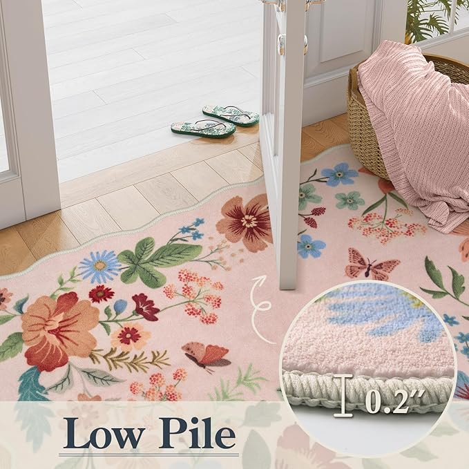 Lahome Floral Living Room Rugs, Pink Area Rugs 5x7 Rug for Bedroom Ultra-Thin Soft Non-Slip Washable Rugs Stain Resistant Throw Boho Carpet for ‎‎Nursery Playroom Classroom, Light Pink